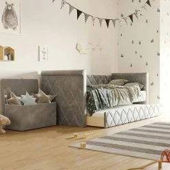 Nature Kid Vilena Sofabett Velour Grau 90 X 200 Cm Mit Gästebett Und Spielzeugkiste