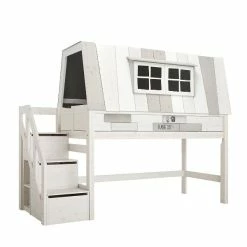 LIFETIME Halbhohes Bett Hangout Mit Treppe Whitewash - Inkl. Rollrost