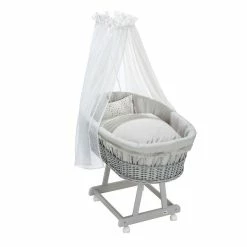 Alvi Birthe Stubenwagen Silbergrau Komplettset Matratze, Himmelstange Und Garnitur Aqua Dot
