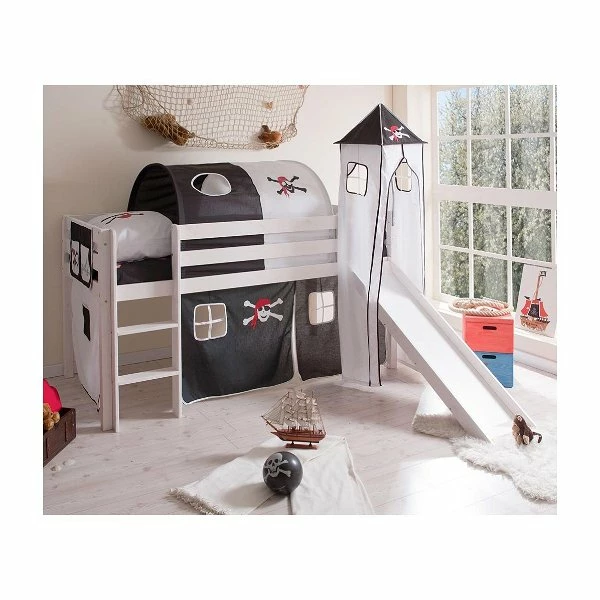 Ticaa Kasper Rutschbett Mit Turm Kiefer Weiß Massivholz - Vorhang-Dessin Wählbar 2 Ticaa Kasper Rutschbett Mit Turm Kiefer Weiß Massivholz - Vorhang-Dessin Wählbar – Bild 2