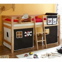 Ticaa Tipsi Hochbett Buche Natur Massivholz - Vorhang-Dessin Wählbar