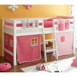 Ticaa Tipsi Hochbett Buche Weiß Massivholz - Vorhang-Dessin Wählbar