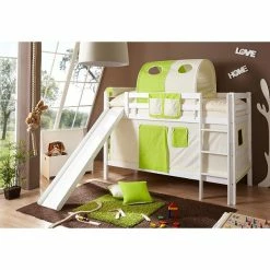 Ticaa Lupo Etagenbett Mit Rutsche Buche Weiß Massivholz - Vorhang-Dessin Wählbar