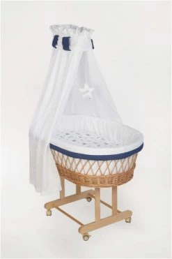 Mionido Stubenwagen Maxi Natur Pyjamabär Blau Mit Garnierung, Matratze Und Matratzenbezug