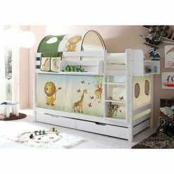 Ticaa Marcel Etagenbett Kiefer Weiß Massivholz - Vorhang-Dessin Wählbar