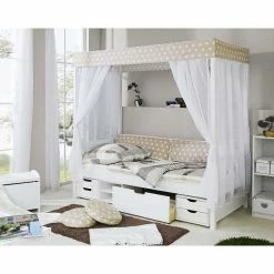 Ticaa Himmelbett Stern Beige Kiefer Weiß Inkl. Regalelement & Tüll-Textilien - 90 X 200 Cm