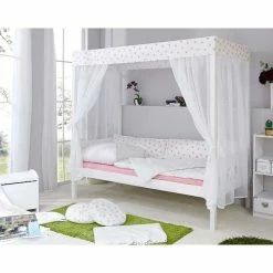 Ticaa Himmelbett Stern Weiß-Rosa Kiefer Weiß Massivholz - 90 X 200 Cm, Inkl. Tüll-Textilien