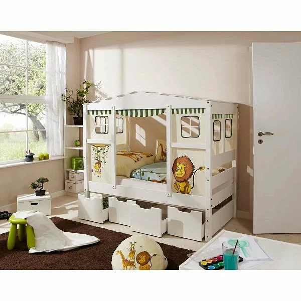 Ticaa Hausbett MINI Safari Kiefer Inkl Schubkästen Weiß Massivholz - Dessin: Safari - 80 X 160 Cm 1 Ticaa Hausbett MINI Safari Kiefer Inkl Schubkästen Weiß Massivholz - Dessin: Safari - 80 X 160 Cm