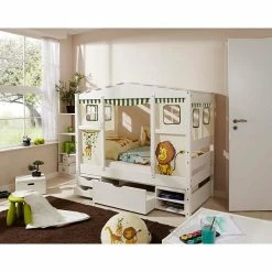 Ticaa Hausbett MINI Safari Kiefer Mit Regalelement Massivholz - Dessin: Safari - 80 X 160 Cm