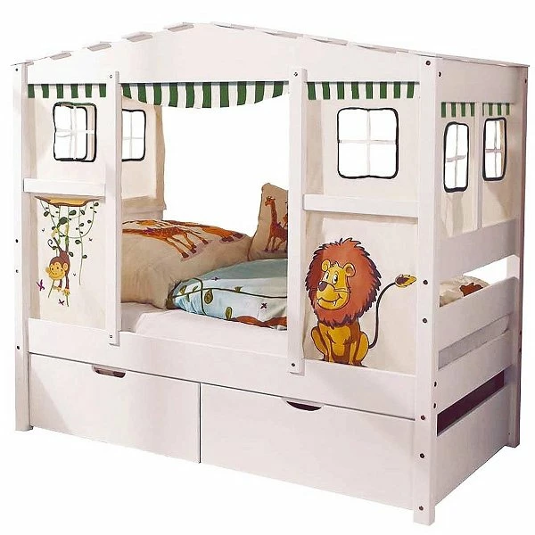 Ticaa Hausbett MINI Safari Kiefer 2 Schubkästen Weiß Massivholz - Dessin: Safari - 80 X 160 Cm 2 Ticaa Hausbett MINI Safari Kiefer 2 Schubkästen Weiß Massivholz - Dessin: Safari - 80 X 160 Cm – Bild 2