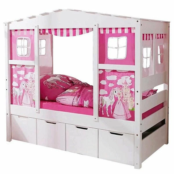 Ticaa Hausbett MINI Horse Rosa Kiefer Schubkästen Weiß Massivholz - Dessin: Horse Rosa - 80 X 160 Cm 2 Ticaa Hausbett MINI Horse Rosa Kiefer Schubkästen Weiß Massivholz - Dessin: Horse Rosa - 80 X 160 Cm – Bild 2