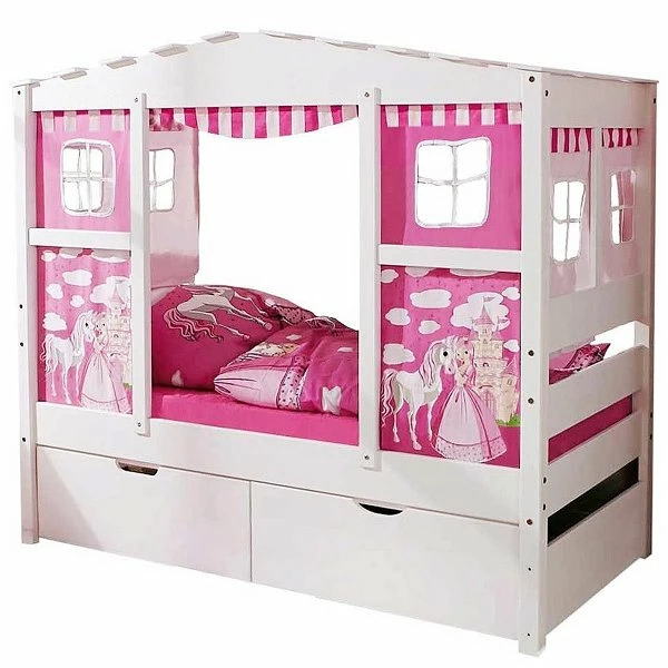 Ticaa Hausbett MINI Horse Rosa Kiefer Schubkästen Weiß Massivholz - Dessin: Horse Rosa - 80 X 160 Cm 2 Ticaa Hausbett MINI Horse Rosa Kiefer Schubkästen Weiß Massivholz - Dessin: Horse Rosa - 80 X 160 Cm – Bild 2