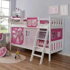 Ticaa Erni Etagenbett Buche Weiß A1 Massivholz - Vorhang-Dessin Wählbar