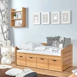 Ticaa Sofabett MINI Micki Buche 4er Schubkästen Massivholz - 80x160 Cm - Inkl. Matratze
