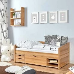Ticaa Sofabett MINI Micki 3er Funktionsschubkasten Buche Massivholz - 80x160 Cm - Inkl. Matratze