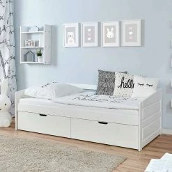 Ticaa Sofabett MINI Micki Buche 2er Schubkästen Weiß Massivholz - 80x160 Cm - Inkl. Matratze