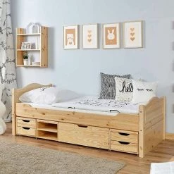 Ticaa Einzelbett Leni Mit 4er Funktionsschubkasten Massivholz - 100x200 Cm
