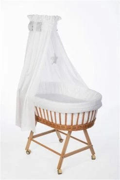 Mionido Stubenwagen Lisa Natur Paisley Hellgrau Mit Garnierung, Matratze Und Matratzenbezug