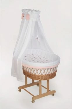 Mionido Stubenwagen Maxi Natur Pyjamabär Rosa Mit Garnierung, Matratze Und Matratzenbezug