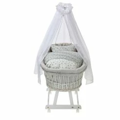 Alvi Birthe Stubenwagen Weiß Komplettset BIO Matratze, Himmelstange & Garnitur Drifting Leaves