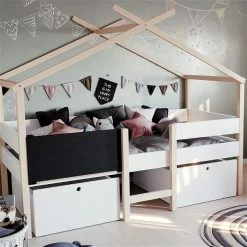 Nature Kid Finja Hausbett Weiß / Natur Mit 2 Schubkästen, Liegefläche 90 X 200 Cm -Kinderwagen kojenbett finja ambiente quadrat neu 1