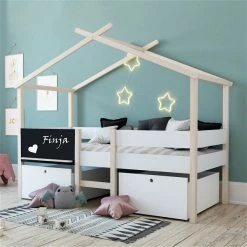 Nature Kid Finja Hausbett Weiß / Natur Mit 2 Schubkästen, Liegefläche 90 X 200 Cm