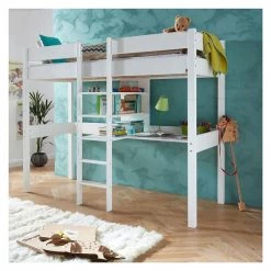 Relita NOEL Hochbett Buche Massiv Weiß Inklusive Schreibtisch, Zum Einzelbett Umbaubar