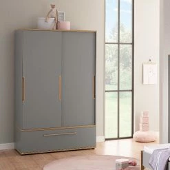 Paidi Sten Schiebetürenschrank Schmal Schiefergrau/Eiche Massiv - Paidi Slide-System