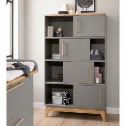 Paidi Sten Standregal 8 Fächer, 4 Schiebetüren Schiefergrau/Eiche Massiv