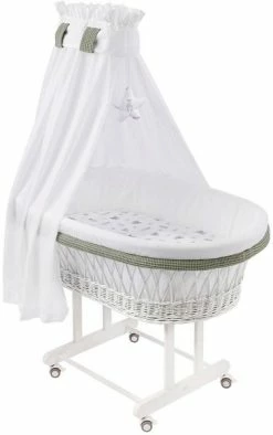 Mionido Stubenwagen Maxi Weiß Pyjamabär Grün Mit Garnierung, Matratze Und Matratzenbezug