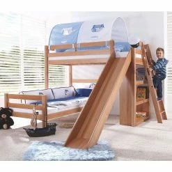 Relita SKY Etagenbett Buche Massiv Natur Inkl. Regal & Rutsche - Zu 2 Einzelbetten Umbaubar