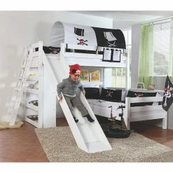 Relita SKY Etagenbett Buche Massiv Weiß Inkl. Regal & Rutsche - Zu 2 Einzelbetten Umbaubar