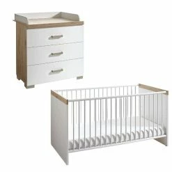 Transland Hilja Sparset Eiche-Bordeaux/kreideweiß Babybett 70x140 Cm & Wickelkommode